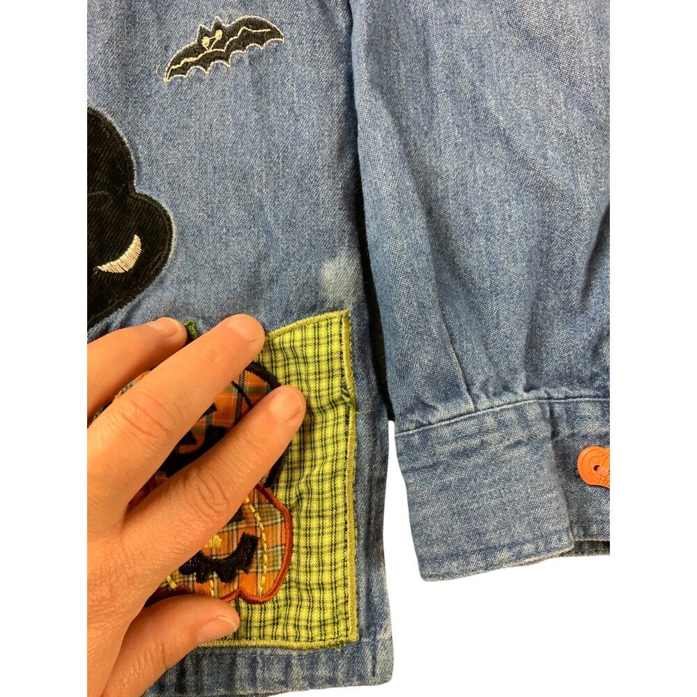 Vintage Tantrums Halloween Denim Shirt L Pumpkin Cat Bats Applique Cottagecore - Picture 6 of 9